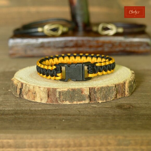Paracord Survival Bracelet Side Release Buckle Black/Yellow L 7.25"(ID206-207) - Picture 1 of 2